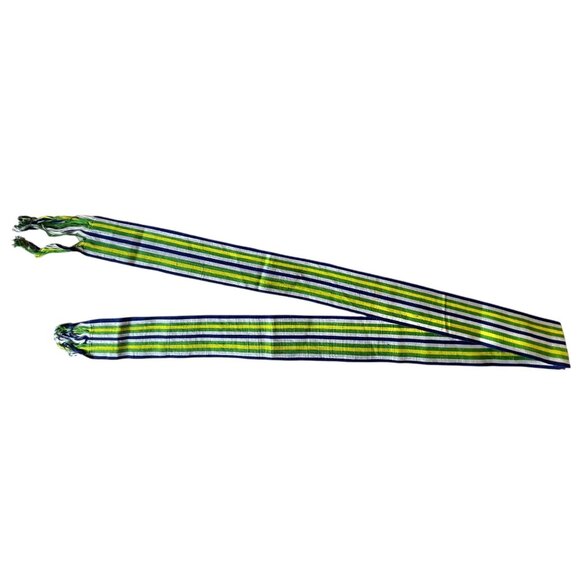 Handwoven Accessories - Vintage Guatemalan Handwoven Sash Belt 72" x 3" Green Yellow White Blue  Cotton